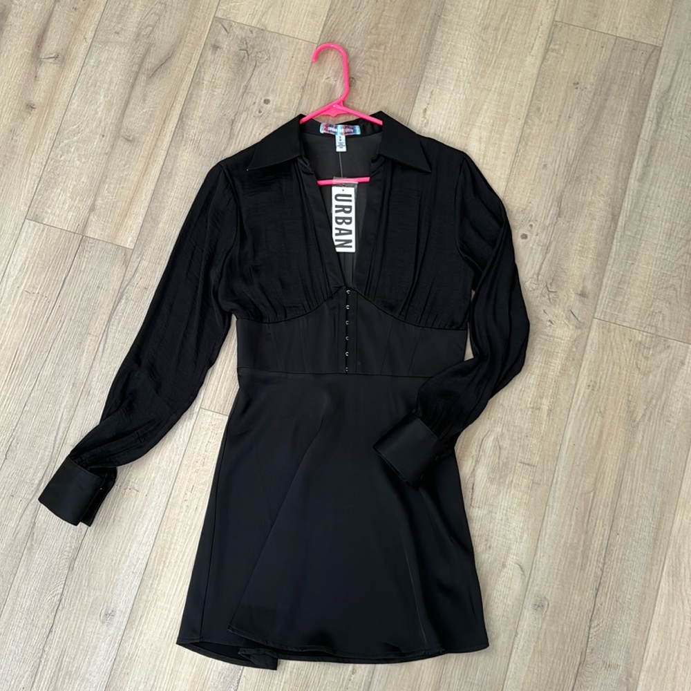 Urban Outfitters - Long sleeve black silk mini dress